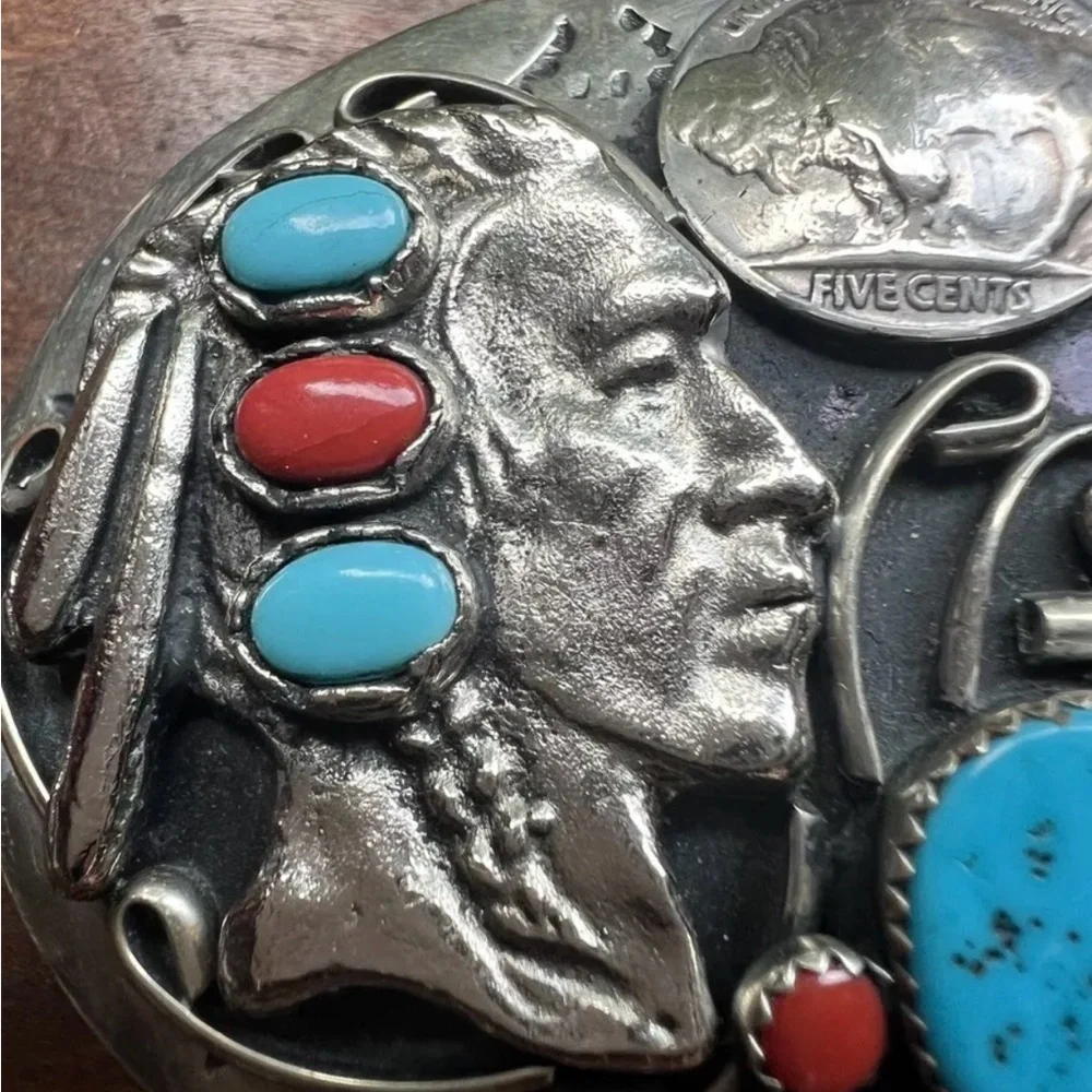Indian Chief Buffalo Nickel Silver Tone Turqoise & Red Coral Belt Buckle - Picture 2 of 8